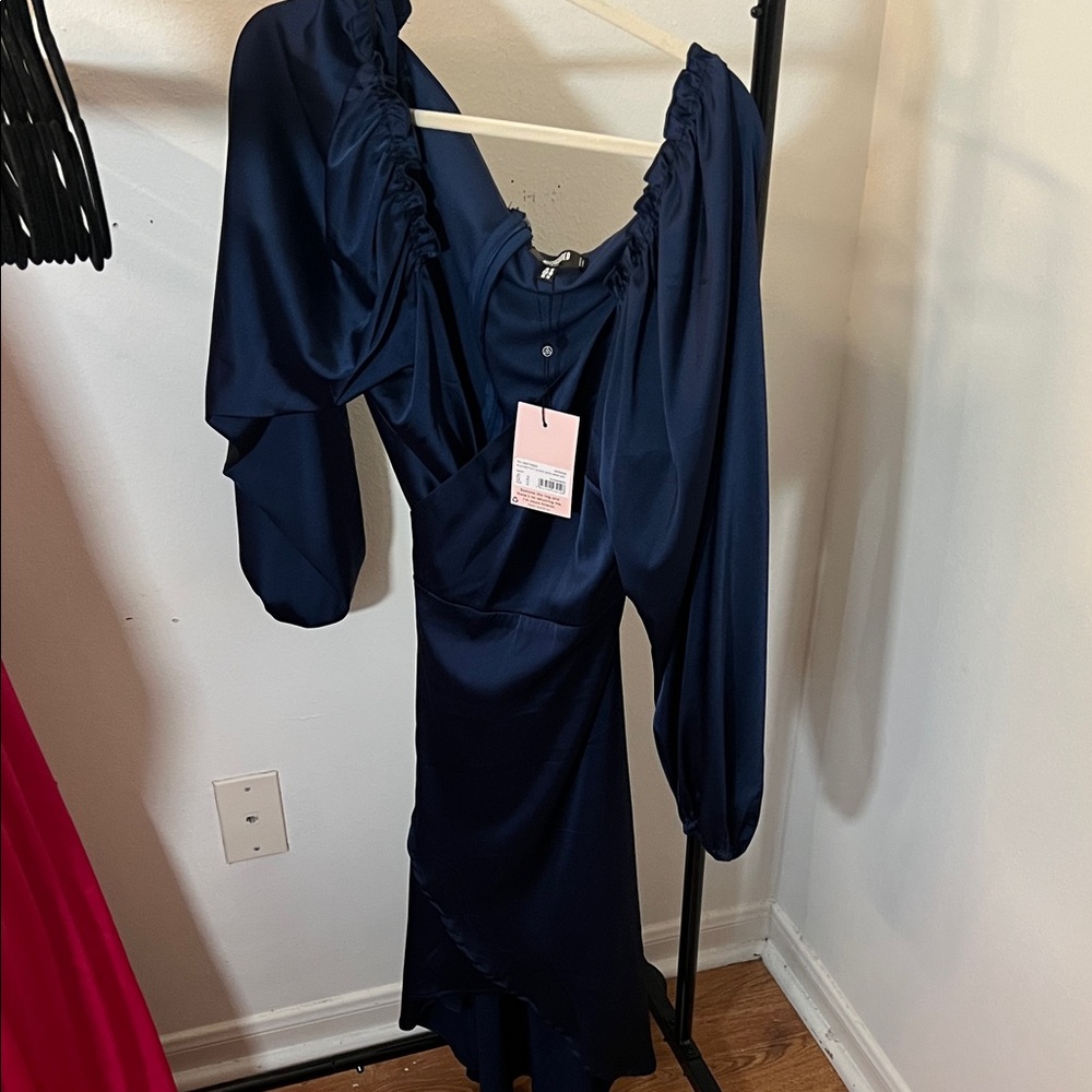 Missguided Navy Satin Wrap Midi Dress size 14